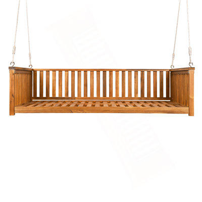 Patio Minimalist Twin Size Garden Swing Bed Wood Porch Swing With Ropes For Backyard, Safe Sloped Design, Teak