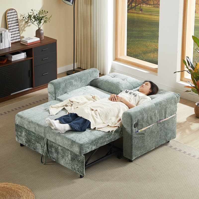 Lit escamotable de 58,82 po avec trois ports, réglable, deux coussins lombaires, - pour des espaces de vie élégants, peu encombrant, coussins coulissants en tissu d'ameublement en chenille, conversion facile, tissu doux