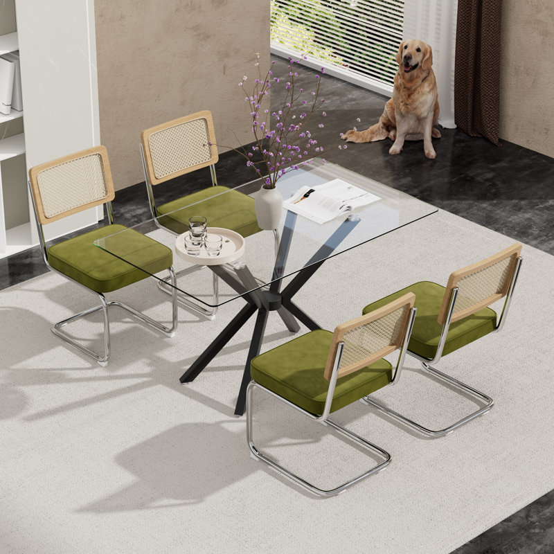 Ensemble de table de salle à manger rectangulaire en verre trempé avec chaises de salle à manger rembourrées en velours de luxe