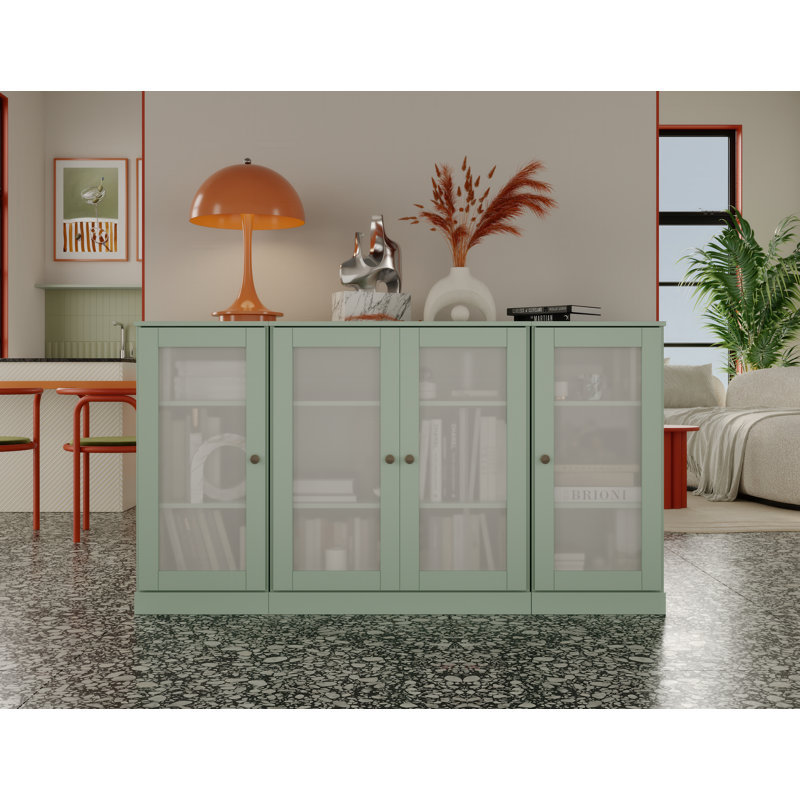 100% Solid Wood 65" Sideboard with Frosted Glass Doors and Adjustable Shelves, Sage