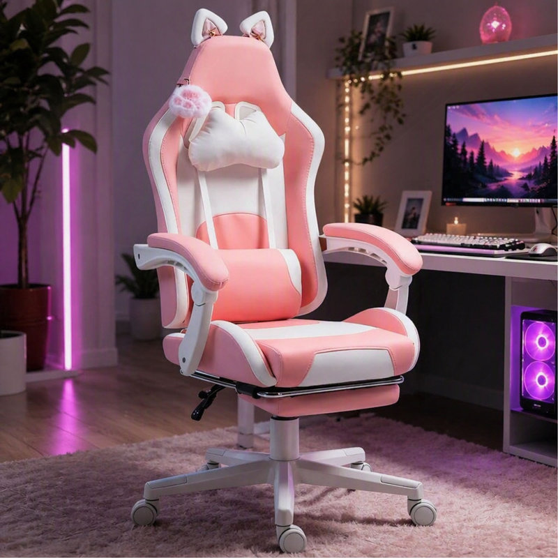 Fauteuil de jeu avec repose-pieds, fauteuil de jeu, appui-tête et soutien lombaire, pour la maison et le bureau