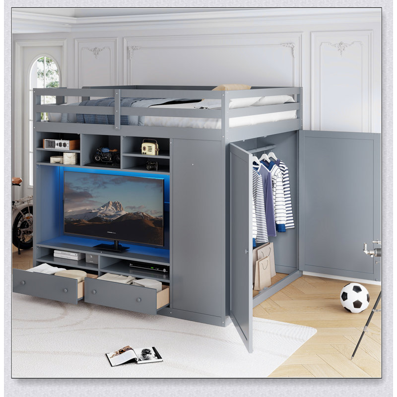 Loft Bed With Drawers, Shelves And Light, Grey