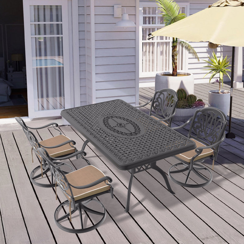 5-Piece All-Weather Cast Aluminum Dining Set, Include 4 Swivel Chairs And Rectangular Table With Black Frame, 4