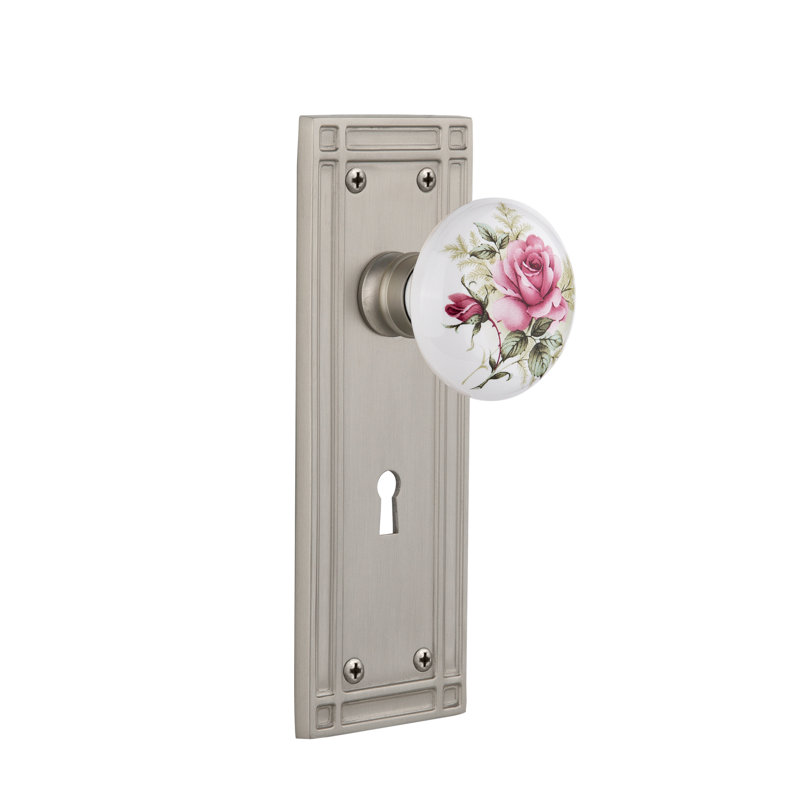 Mission Plate with Decorative Keyhole and White Rose Porcelain Door Knob, Satin Nickel