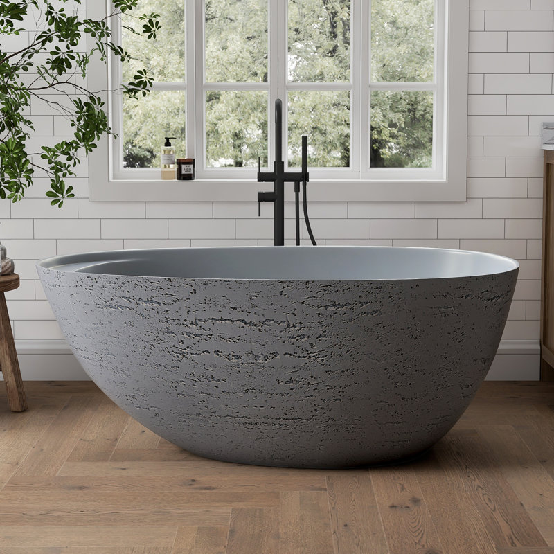 Baignoire autoportante à surface solide de 59 po en forme de travertin à texture de pierre ovale avec trop-plein Forma, gris Forma