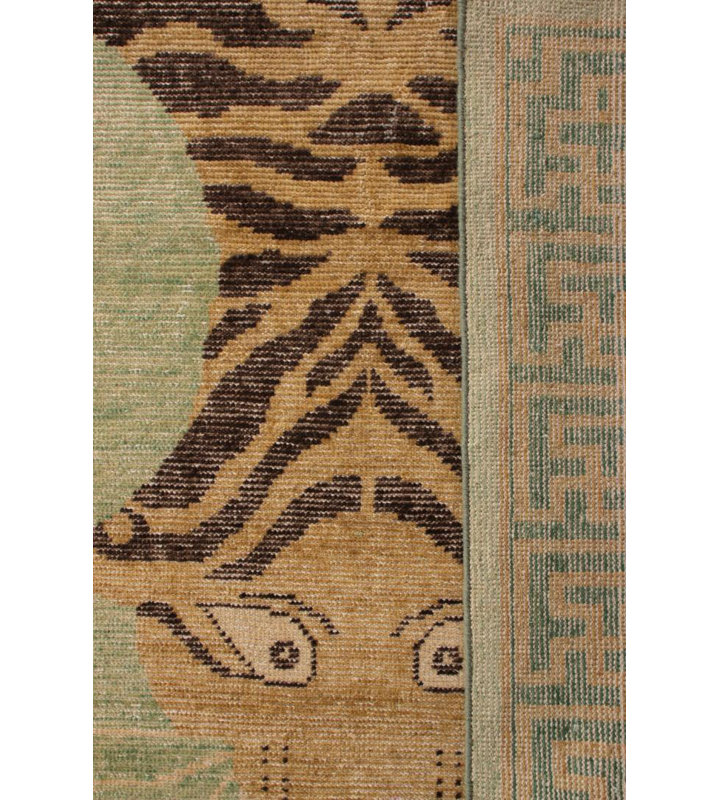 Classic Pictorial Tiger Rug Green Orange Custom Pattern By Rug & Kilim, Rectangle 12' x 18'