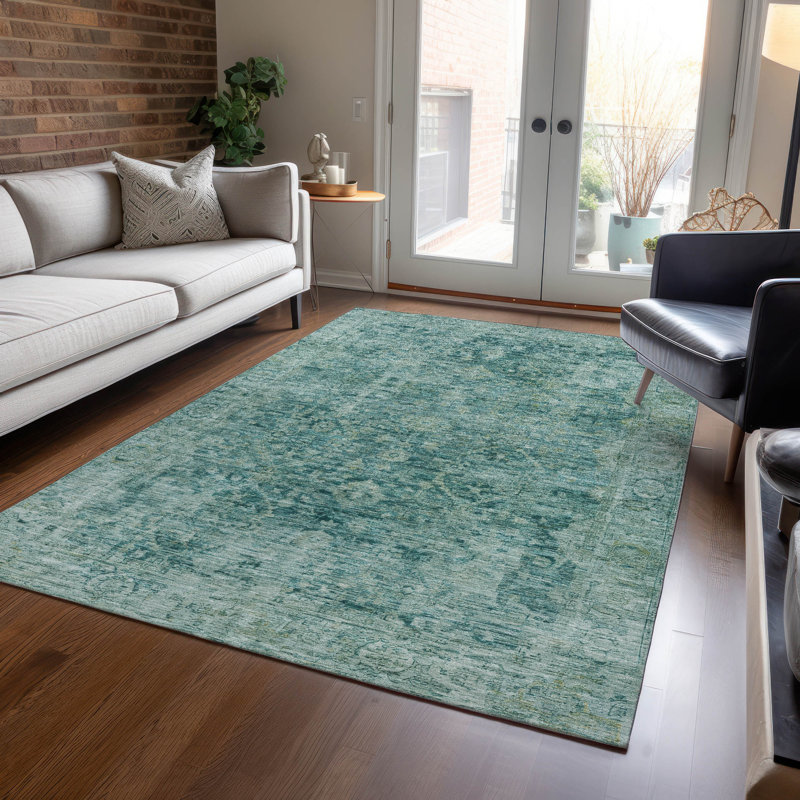 Tapis bleu sarcelle lavable à la machine intérieur / extérieur Xhevrie, Rectangle 5 pi x 7 pi 6 po