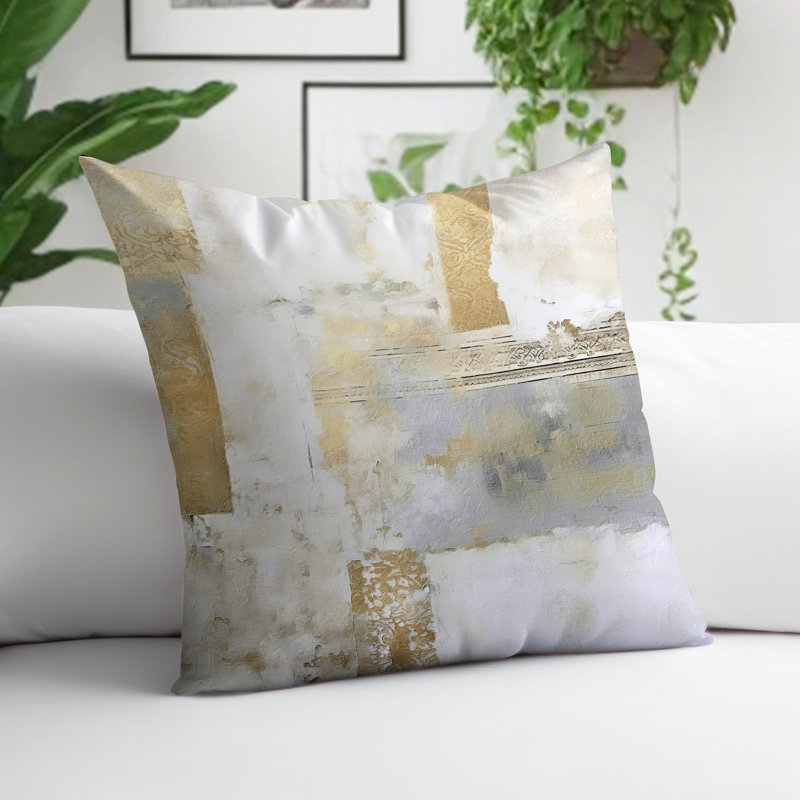 Coussin décoratif intérieur / extérieur en polyester filé abstrait Markle, H 15 po x l 15 po, Gris/doré