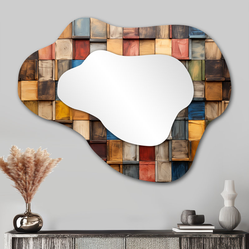 Colorful earth colors tiles III - Boho Mosaic Asymmetrical Decorative Wall Mirror, Bohemian Cloud Mirror, Printed Metal Art