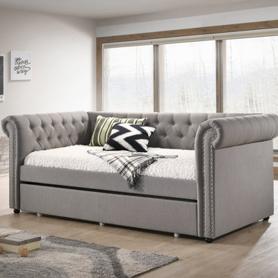 Luxueux 1Pc Modern Aesthetic Magnifiquement capitonné à boutons cloutés Design Lit de jour intégré Lit gigogne escamotable Espace de vie Chambre d'amis (Lit de jour)