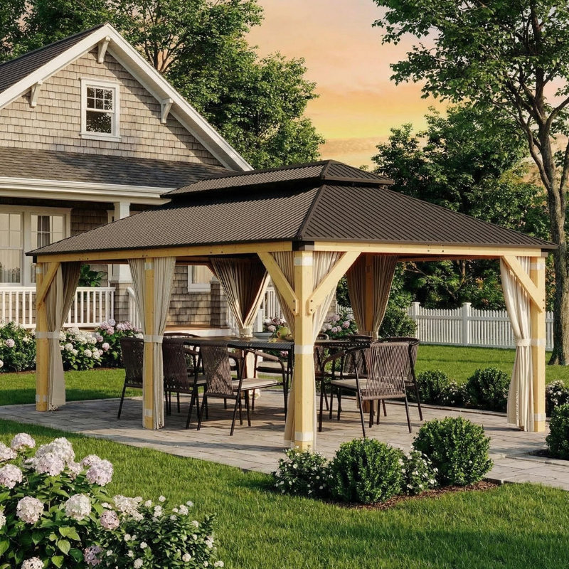 Pavillon de jardin en bois 12 po x 20 pi avec toit double en acier galvanisé, filet et rideaux, pavillon extérieur pour jardin