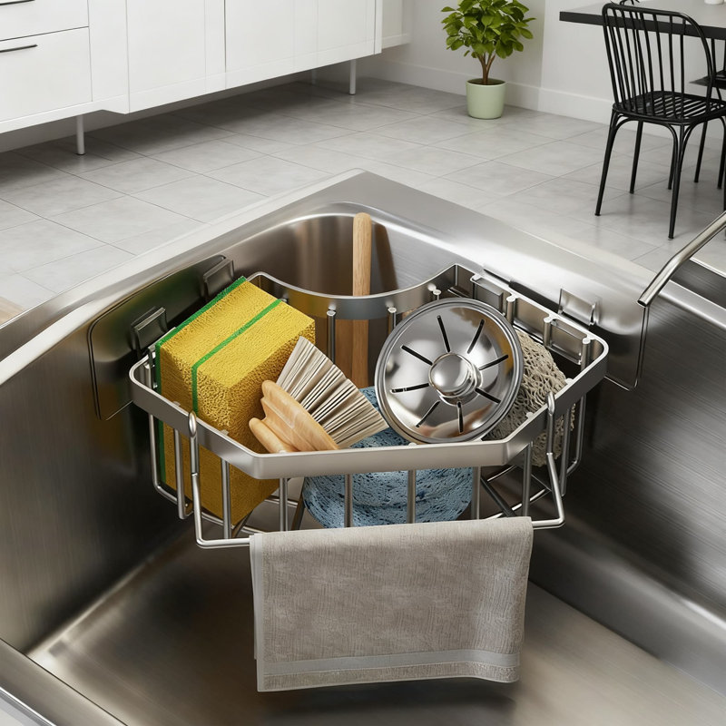Rangement d'angle pour évier, support en éponge en acier inoxydable avec barre à serviettes, support de rangement de cuisine auto-adhésif pour éponges et produits de nettoyage