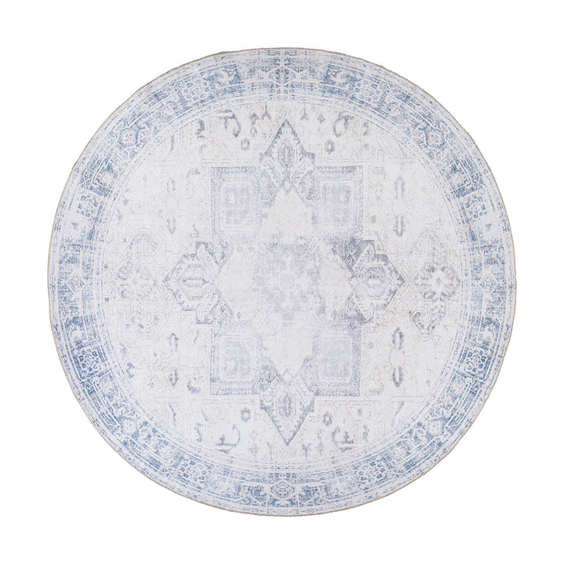 Somona Machine Washable Oriental Flatweave Performance Blue/Ivory Area Rug, Round 7'10"