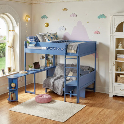 Lit mezzanine en bois pleine grandeur peu encombrant avec bureau pivotant, canapé-lit, tablette de rangement et éclairage DEL - Ultimate Kids Room Solution