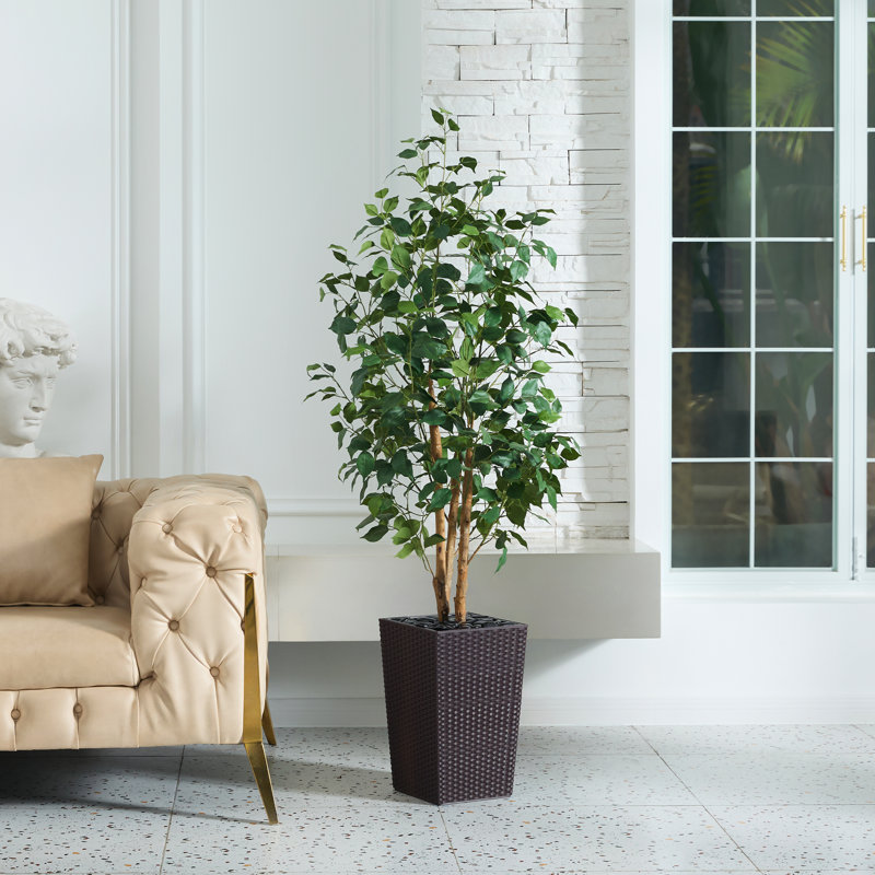 Adcock UV Protected Artificial Ficus Tree with Decorative Base, Faux Ficus Plant with Natural Trunk, 60" H x 20" W x 20" D