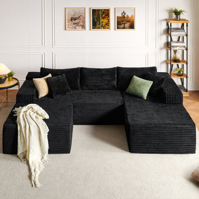Canapé modulaire en forme de U 108 po avec méridienne noire et repose-pieds en velours côtelé noir