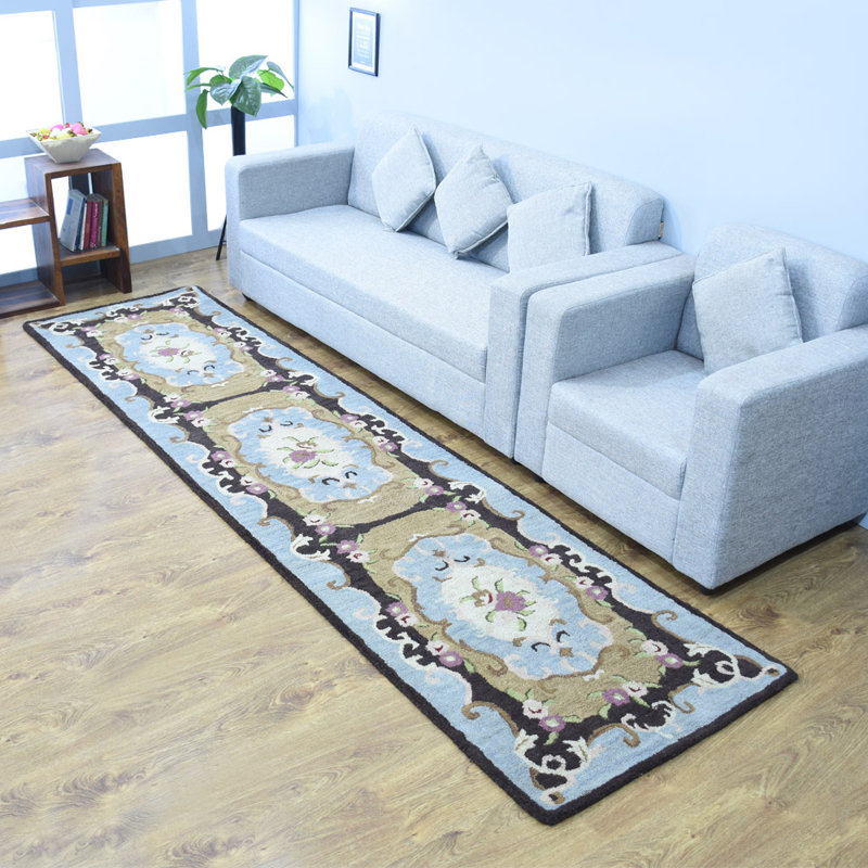 Tapis écologiques Gwilym - Tapis de couloir, beige et bleu | Design classique oriental classique | High Pile | Épais | Fait à la main | Tapis antidérapants pour le salon, la chambre à coucher