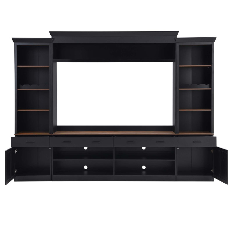 Farmhouse 4-Piece Entertainment Wall Unit Set with Bookshelf for TVs Up to 70", Walnut TV Stand with Adjustable Shelves, Mid-Century Large Media Console with Wine Rack for Living Room