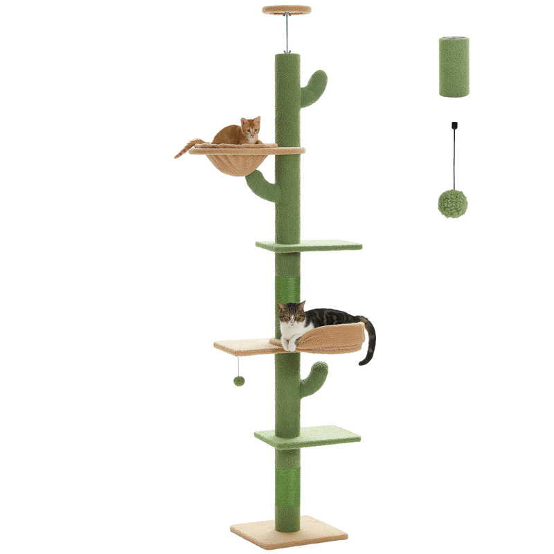 Floor To Ceiling Adjustable Height Cat Tree, 5 Levels Cactus Cat Tower With Cat Perch & Replaceable Hammock