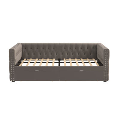Twin Size Daybed with Drawers Upholstered Tufted Sofa Bed, with Button on Back and Copper Nail on Waved Shape Arms, velvet -  Everly Quinn, 1735680058AD407D84F1B0706093D92C