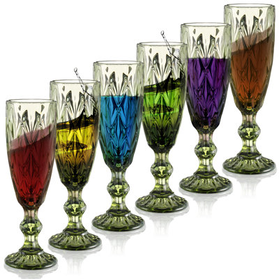 6Pcs Vintage Champagne Flutes, Glass Wine Glasses Set, Drinking Goblet Glasses Wedding Glassware for Christmas, New Year, Birthday, Parties, Anniversary（5 OZ）
