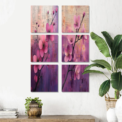«Mauve printemps éveillé accentué d'or», ensemble de 6 reproductions d'art sur toile de fleurs de cerisier
