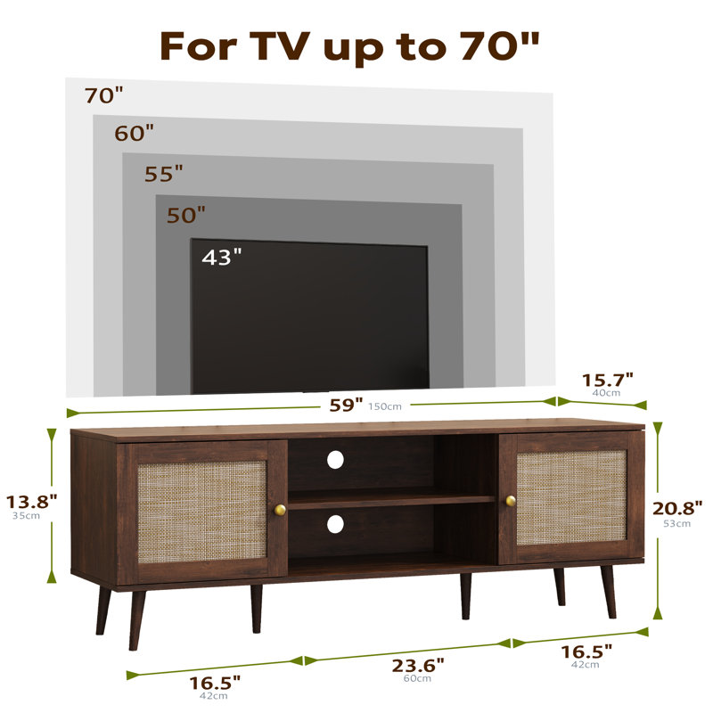 TV Stand For 55/65/70 Inch TV, Boho 59" Entertainment Center With Storage, Modern Mid Century Media Console With Rattan Doors And Adjustable Shelf, Wood TV Stand For Living Room