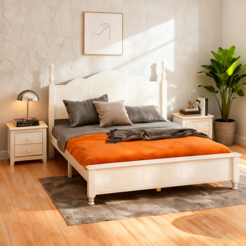 Ensemble de chambre à coucher 3 pièces, lit plateforme avec deux tables de chevet, Full, Blanc
