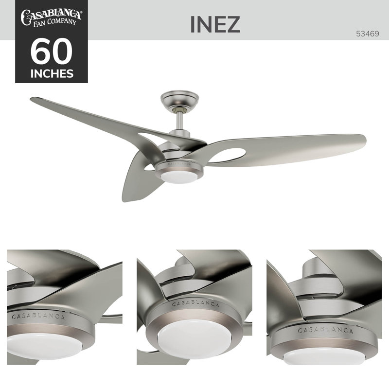 Casablanca 60 inch Inez ENERGY STAR® Damp Rated Ceiling Fan with Lights and Wall Control, Nickel