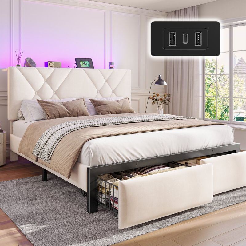 Structure de lit en velours pour grand lit avec tête de lit réglable et lumière DEL, cadre de lit plateforme avec 2 tiroirs de rangement et station de charge
