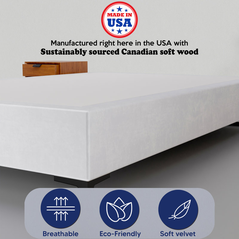 Makailah 15" Premium Velvet Material Wood Box Spring/Bed Frame, Durable, Stylish, Multi Color, Queen, White