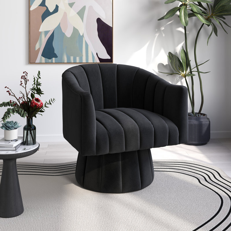 Ghinita Velvet Swivel Barrel Chair, Black Velvet