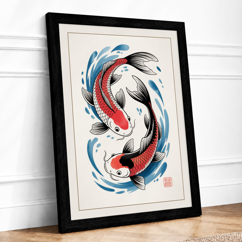 Koi Dance Japandi - Framed Print, Black, A4 - 29.7 x 21.0 cm