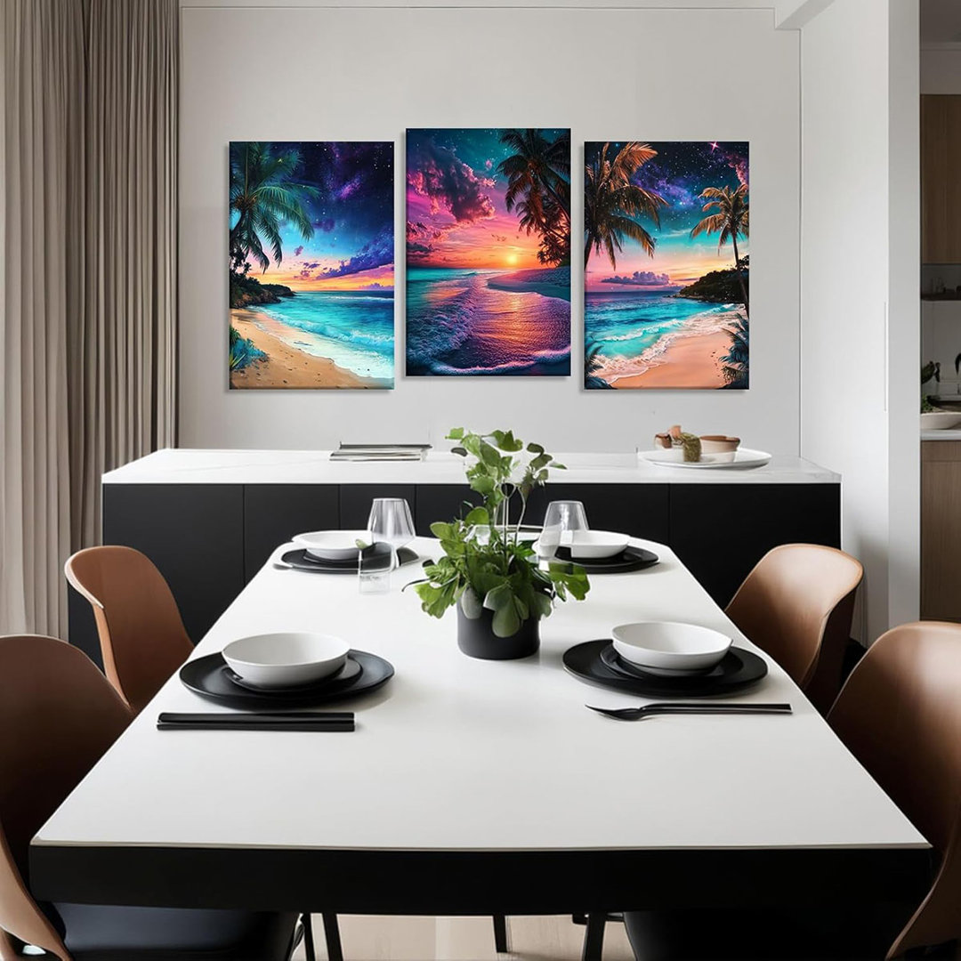 Beach Canvas Wall Art 3 Piece Palm Tree Picture Sunset Seascape Painting Ocean Prints Modern Artwork For Living Room Bathroom Wall Decor Framed(12.00"