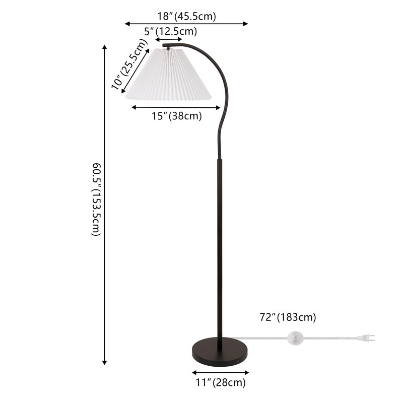 Lampe sur pied à DEL arquée en métal avec abat-jour plissé Shynel, Noir