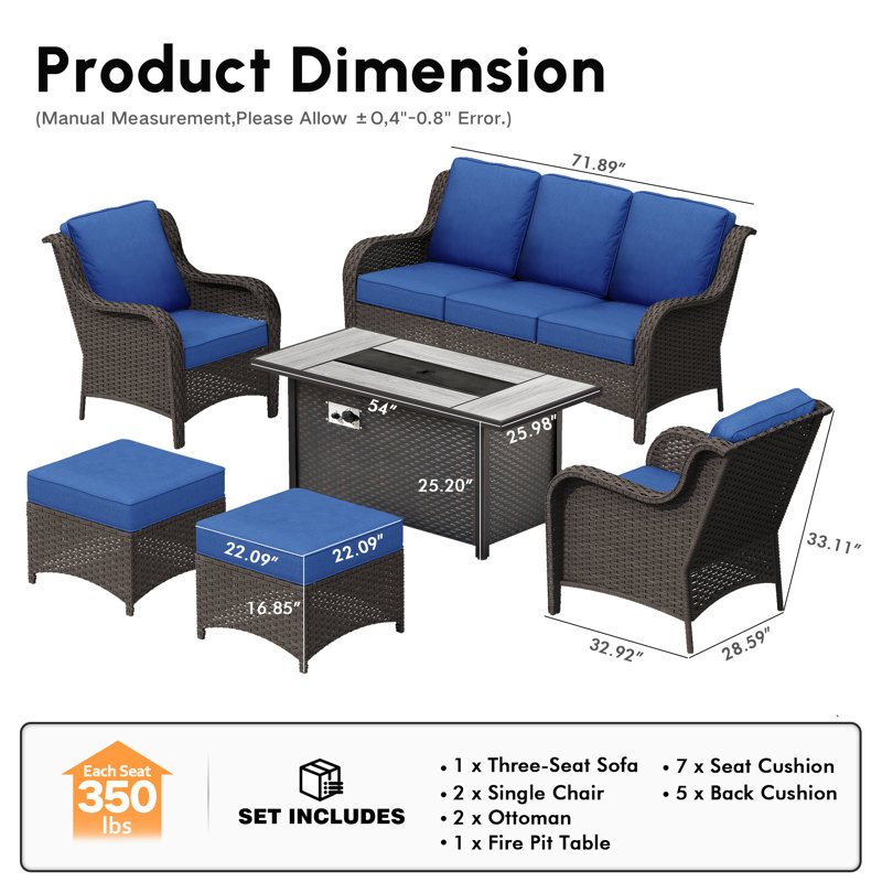 5 - Person Wicker Outdoor Conversation Set, Patio Sofa Set with Fire Pit and Cushions, Navy Cushion/Brown Frame
