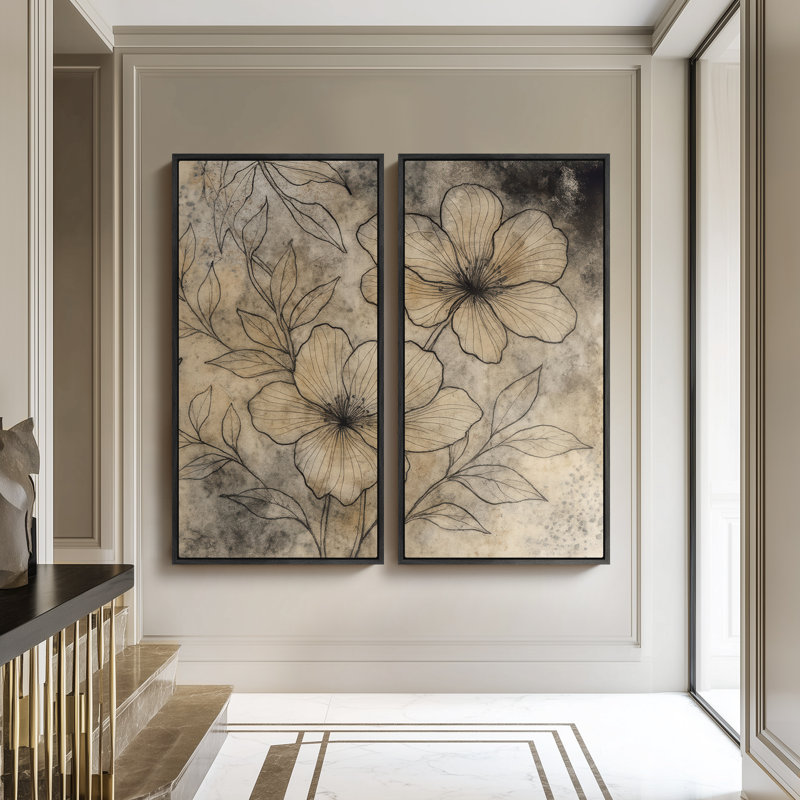 Vintage Botanical Floral Sketch Art for Living Room - Set of 2 Framed Wall Art Print on Canvas 60"x20"x2pcs, 60"x30"x2pcs