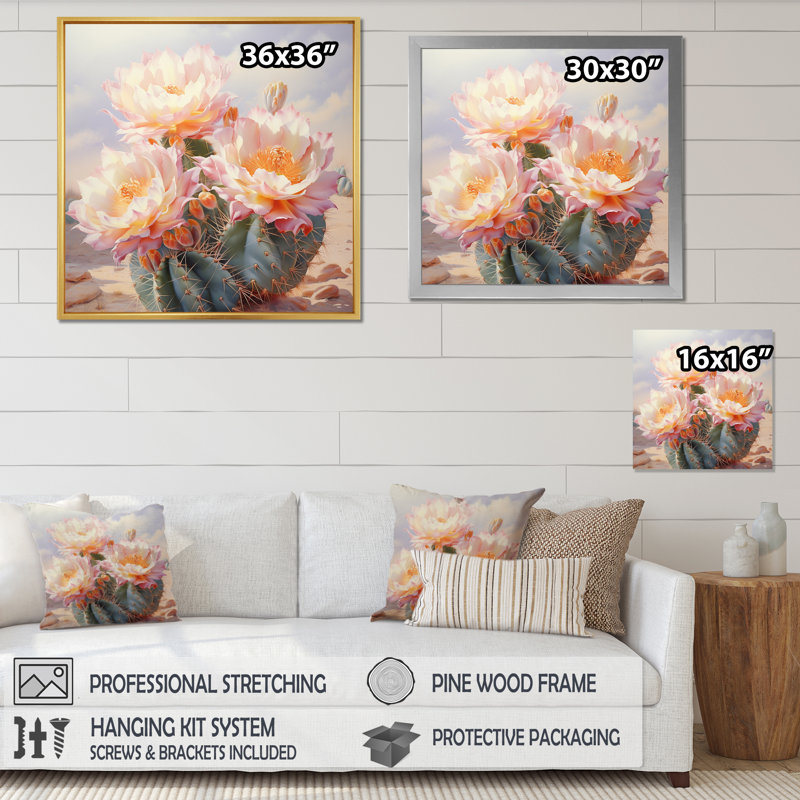 Cactus rose vert, impression romantique III - art mural floral, salon, H 30 po x l 30 po, Cadre naturel flottant