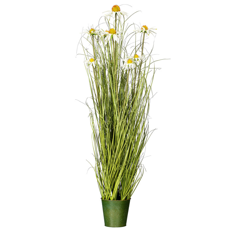 Herbe verte et marguerites artificielles en pot., H 37 po x l 24 po x P 24 po