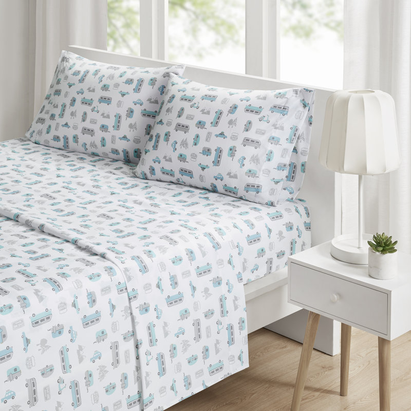 Novelty Print 4-Piece Full Sheet Set, Full Sheet Case Pack + Fitted Sheet + Pillowcase, Gray/Blue