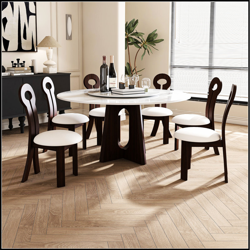 Table de salle à manger moderne en pierre frittée moderne avec base en noyer massif, robuste et élégante pour 6 à 8 personnes (comprend 6 chaises)