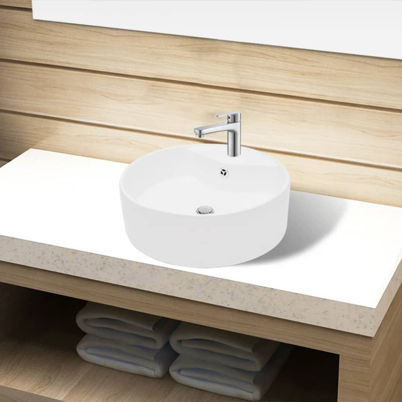 Belfry Bathroom Cavan Ceramic Round Sink with Overflow, White, 15.5cm H x 46.5cm W x 46.5cm D