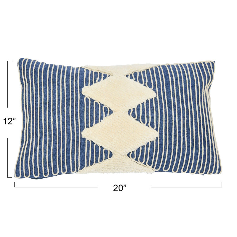 Blue and Beige Cotton Tufted Lumbar Pillow with Embroidered Rope Stripes