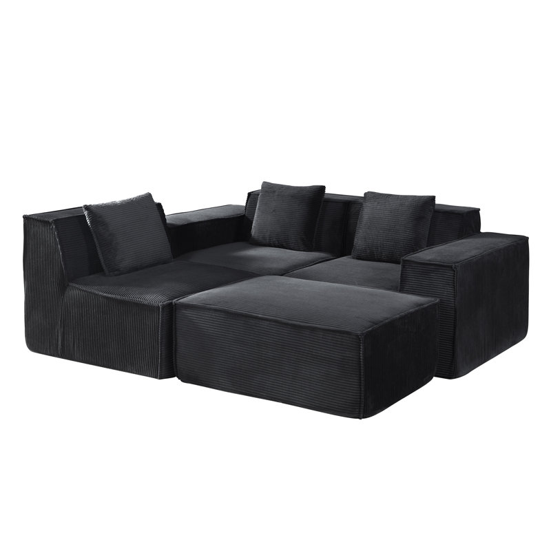 Canapé modulaire modulaire en velours côtelé avec repose-pieds, canapé convertible en L à 4 places, noir