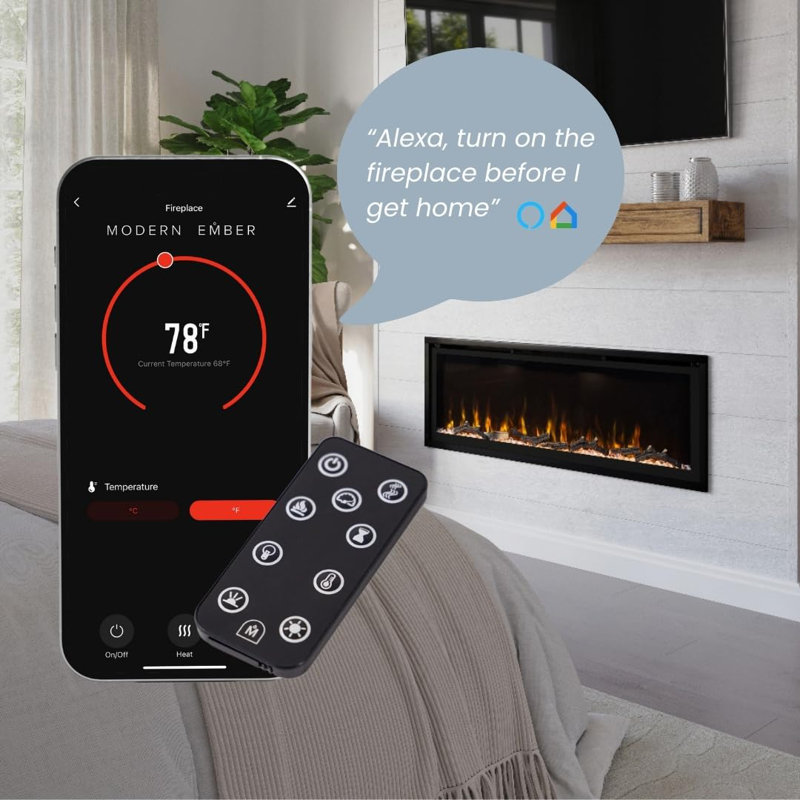 Modern Ember Aerus Smart Linear Electric Fireplace - Recessed In-Wall And Wall-Mount, Multiple Flame Colors, Works With Alexa And Google Assistant