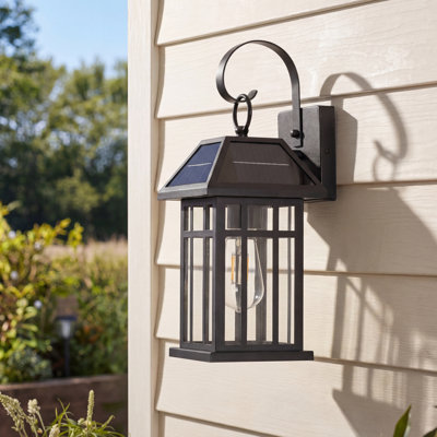 16 in. 280 Lumens Traditional Black Iron Dusk-to-Dawn Solar Wall Lantern, No Wiring Exterior Porch Light with 3 Solar Panels, Waterproof Outdoor Wall Light for Porch & Patio,Replaceable Bulb Included