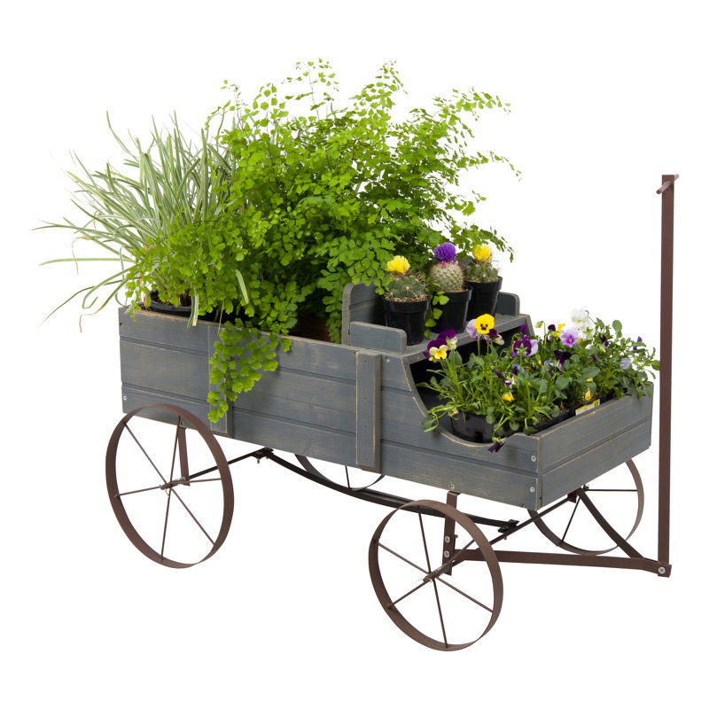 Jacksboro Decorative Wagon Wood Wheelbarrow Planter, Gray, 17.25" H x 13.75" W x 27.75" D