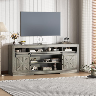 Farmhouse TV Stand for 75" Television, Entertainment Center with Semi-Open Storage & Barn Doors, Media TV Console Table with Adjustable Shelf for Living Room, 66" Width