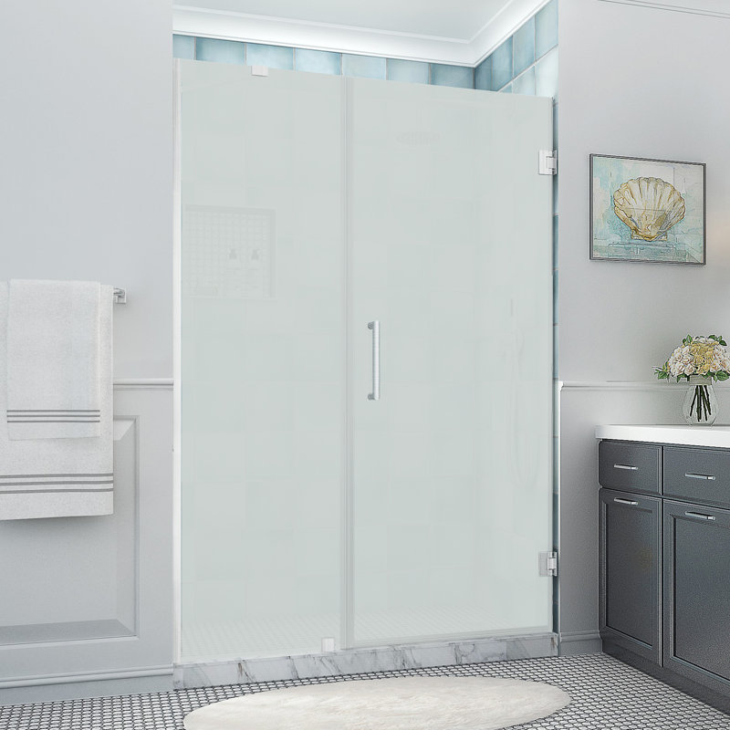 Belmore XL 58.25 - 59.25 in. x 80 in. Frameless Hinged Shower Door with Ultra-Bright Frosted Glass, Stainless Steel