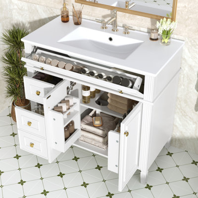 Meuble-lavabo de 36 pouces avec lavabo, armoire en bois massif blanc avec tiroir rabattable, 3 tiroirs et 2 portes à fermeture en douceur, poignées dorées et design moderne, deux ensembles (ancien SKU: N725P366468K)